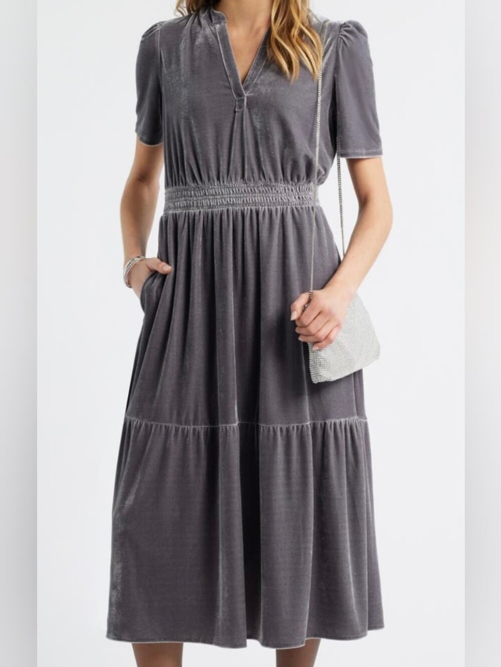 NWT - Caslon Grey Stretch Plush Velour Smocked Waist Fully Lined Midi Dress - XS